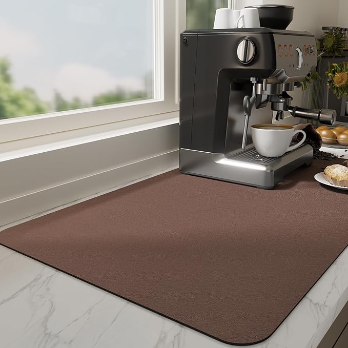Ecotrim Absorbent Coffee Mat , Stain Hiding PU Leather Surface, Non-Slip Natural Rubber Backing, Quick Dry Mat for Espresso Machine, Kitchen Counter ,Brown | 16" x 24"