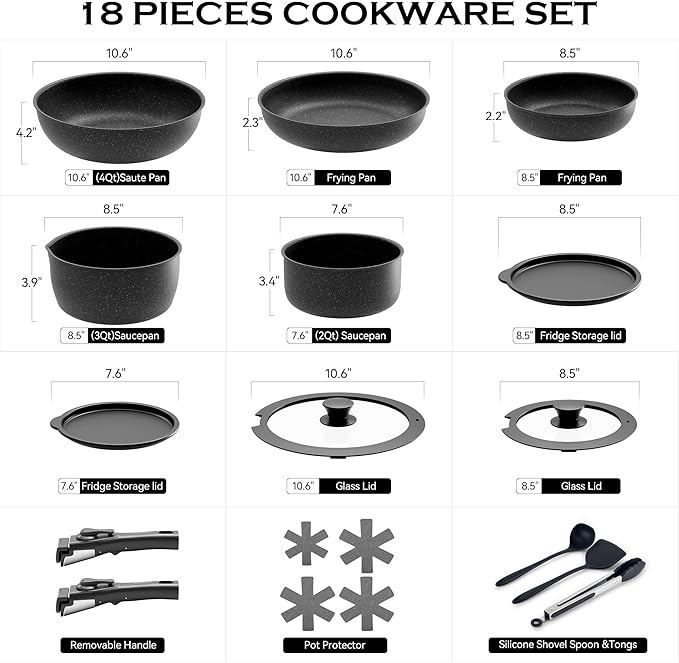 18 Piece Pots and Pans Set with Removable Handle, Nonstick Cookware Set Detachable Handles, Space Saving Stackable Kitchen Sets for RV, Camping & Apartment