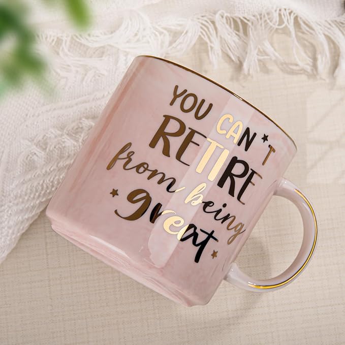 Funny Retirement Gifts for Woman 2026, You Can't Retire From Being Great - 14oz Pink Marble Gold Print Mug, Inspirational Farewell Gift for Retirees Coworker, Retired Women, Greeting card, Gift Boxed