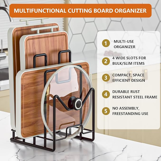 Multifunctional Cutting Board Organizer, Cutting Board Holder Rack Baking Cookie Pan Sheets Cooling Racks Storage Stand for Kitchen Cabinet -Divided Holder with 4 Slots (2PS Black) (1White+1Black)