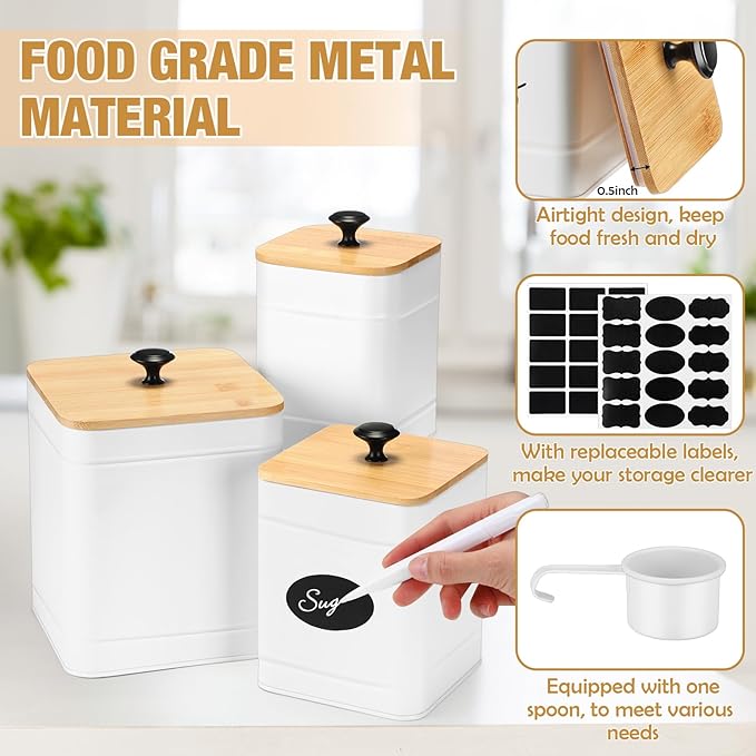 Tioncy Kitchen Canisters for Countertop Set of 3 Metal Canisters Sets with Bamboo Lids Spoon Airtight High Capacity Coffee Tea Sugar Flour Jars with DIY Labels Farmhouse Food Storage (White,L,M,S)