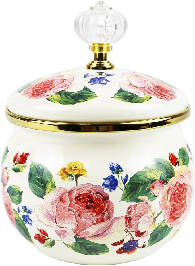 Floral Enamel Sugar Bowl Gold Ethnic Seasoning Jar Vintage Tea Canister Spice Box Retro Coffee Candy Storage Pot Bohemian Pink Flower Beige Salt Container Jar for Home Kitchen Decor