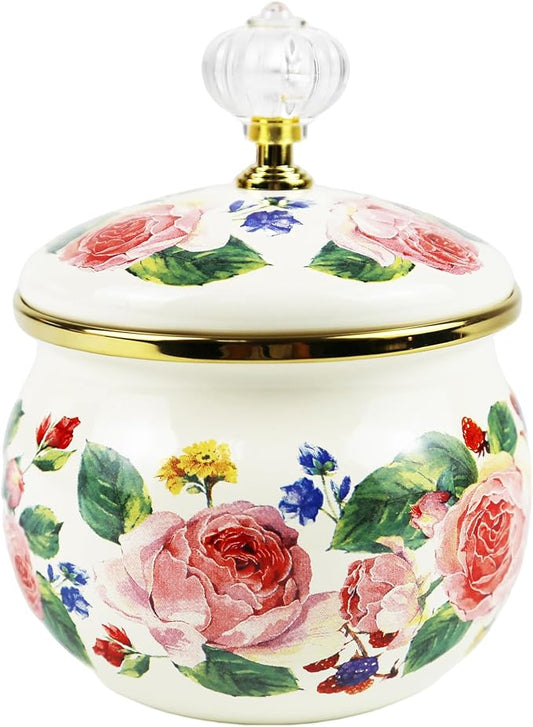Floral Enamel Sugar Bowl Gold Ethnic Seasoning Jar Vintage Tea Canister Spice Box Retro Coffee Candy Storage Pot Bohemian Pink Flower Beige Salt Container Jar for Home Kitchen Decor