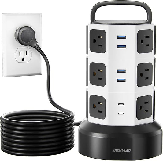 Power Strip Tower Surge Protector, JACKYLED 1625W 13A Outlet Surge Electric Tower, 12 Outlets 6 USB Ports Charging Station with 16AWG 15ft Heavy Duty Extension Cord for Home Office Dorm