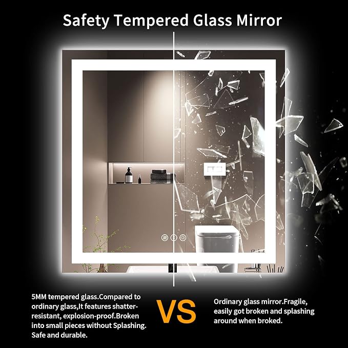 LOAAO 36"X36" LED Bathroom Mirror with Lights, Anti-Fog, Dimmable, Backlit + Front Lit, Lighted Bathroom Vanity Mirror for Wall, Memory Function, Tempered Glass, ETL Listed