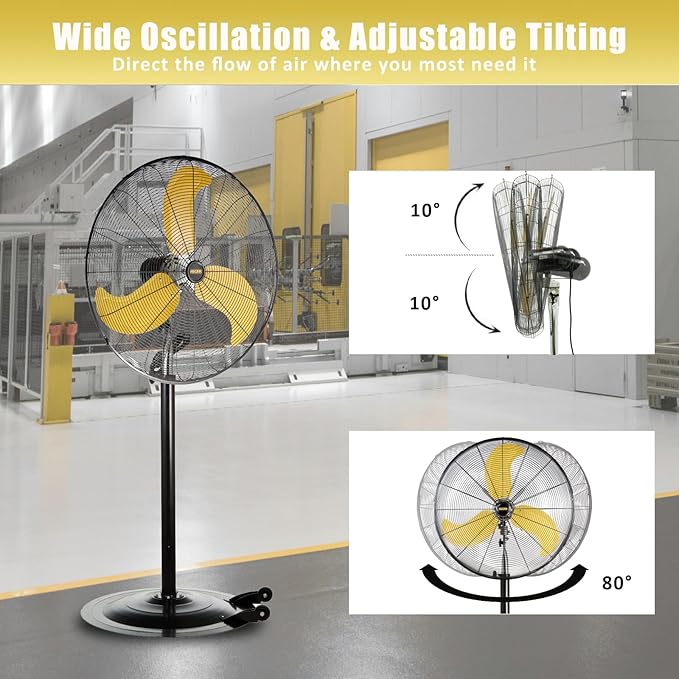 HiCFM 8300 CFM 30 inch Heavy Duty High Velocity Pedestal Oscillating Fan with Powerful 1/3 HP Motor, Ball Bearing, 9 Feet Cord & Turbo Yellow Blade - UL Listed