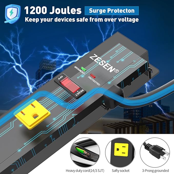 ZESEN 12 Outlet Long Power Strip with 6FT Power Cord, Industrial Heavy Duty for Work Bench Shop Garage, 2100 Joules Surge Protector, Wide Spaced Outlet Power Bar, ETL Certified, Black
