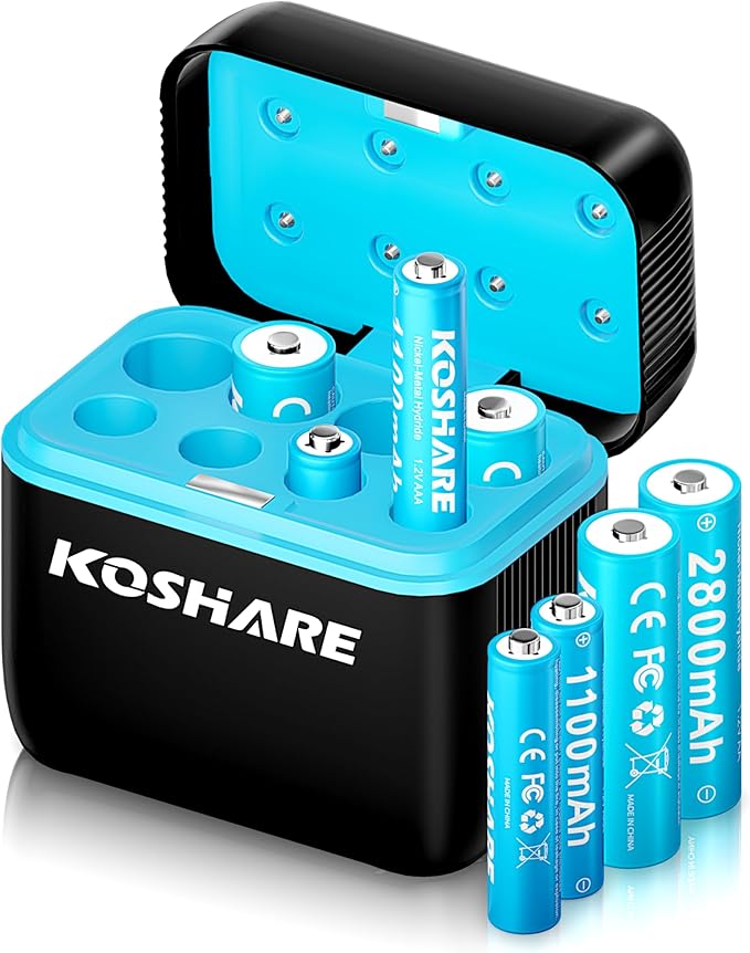 Rechargeable Ni-MH Battery with Charger, 8 Pack 1.2V 2800mAh AA and 1100mAh AAA High Capacity Ni-MH Batteries, Rechargeable up to 800 Times, Pre-Charged (Black+Blue, 4AA4AAA+8Slot Charger)