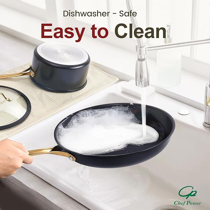 Chef Power Ceramic Frying Pan with Stainless Steel handle 5Pcs Set, Non-toxic Non Stick Grill Pan Set, Induction, Dishwasher and Oven Safe, Stone Black & Light Gold Handle, 8'', 9'', 11'' Skillet