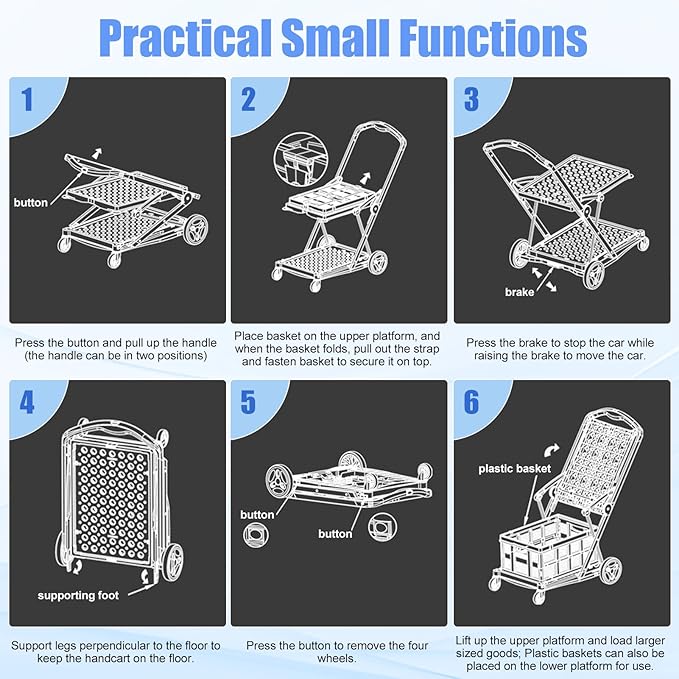 Collapsible Shopping Cart, Heavy Duty Grocery Cart, 2 Tier Foldable Shopping Trolley with 360° Wheels, Rolling Utility Cart with Retractable Bands, Portable Folding Cart for Groceries Laundry (Blue)