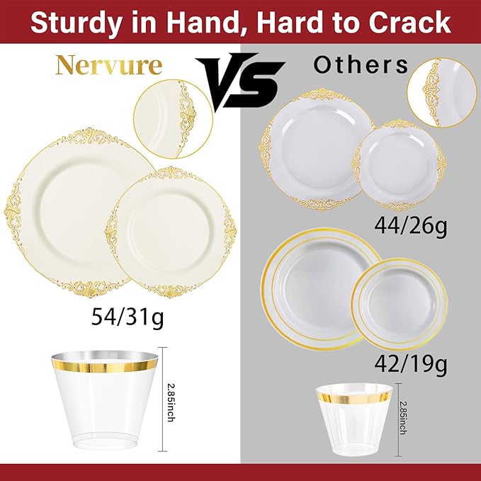 Nervure 350PCS Ivory Plastic Plates - Ivory Gold Plastic Dinnerware Sets for 50 Guests - 100 Gold Disposable Plates, 50 Pre Rolled Silverware Sets, 50 Cups Perfect for Wedding & Party & Mothers Day