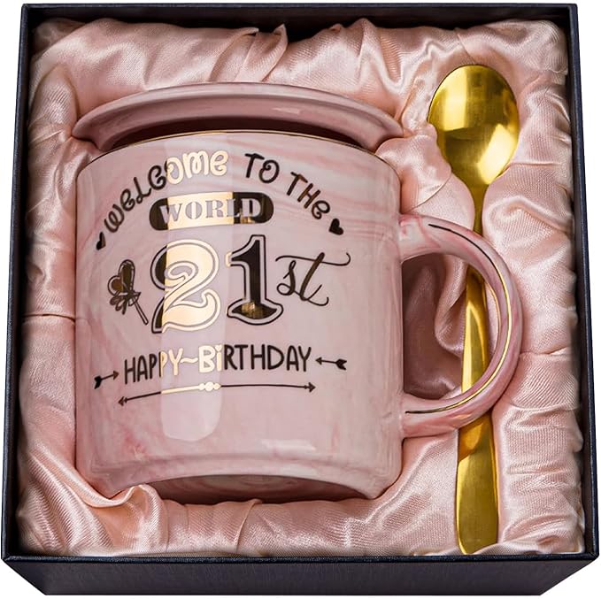 Happy 21st Birthday Gifts for Her - 14oz Pink Marble Coffee Mug with Gold Print, Funny 21 Bday Gift Idea Presents for 21 Year Old Women, Daughters, Girls, Female Friends, with Greeting Card, Gift Box