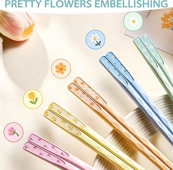 Fiberglass Chopsticks with Floral Pattern – Reusable, Heat-Resistant, Lightweight, Non-Slip, Dishwasher Safe 5 Pairs Chop Sticks for Sushi Noodles Ramen