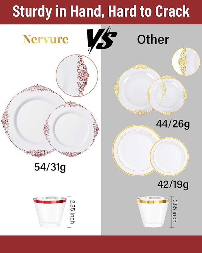 Nervure 350PCS Red Plastic Plates - White Red Plastic Dinnerware Set for 50 Guests - 100 Red Disposable Plates, 50 Pre Rolled Cutlery Set, 50 Cups Perfect for Wedding & Party & Mothers Day