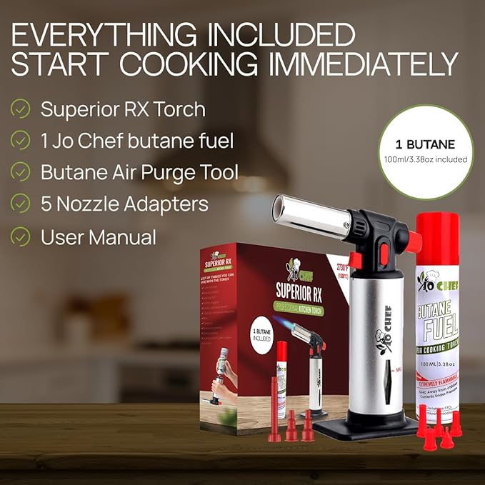 Jo Chef Kitchen Torch with Butane Included – Refillable Lighter with Safety Lock & Adjustable Flame, Blow Culinary Torch for Cooking, BBQ, Creme Brulee, DIY and Soldering - 1 Can (3.38oz) Included