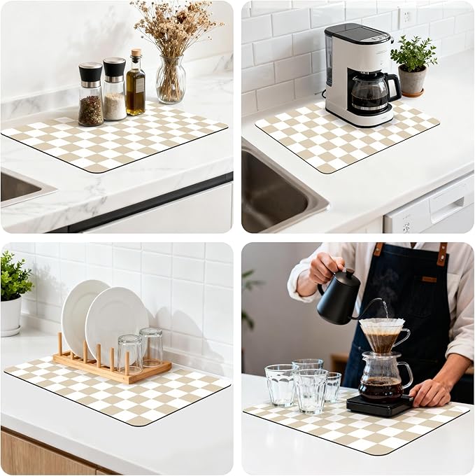 16" x 24" Checkered Dish Drying Mat for Kitchen Counter, Absorbent Coffee Bar Mat for Espresso Machine Coffee Countertops Accessories, Beige