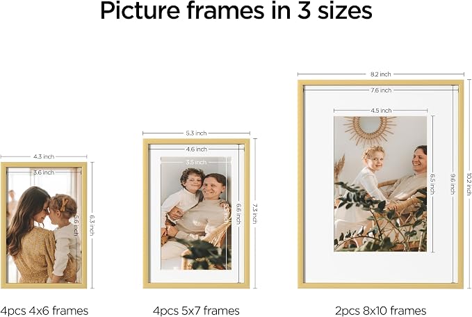eletecpro Aluminum Gallery Wall Frame Set of 10 with Glass Cover, Gold | Including 2Pcs 8x10, 4Pcs 5x7, 4Pcs 4x6 Photo Frames, Multiple Sizes Picture Frames Collage Wall Decor or Tabletop Display