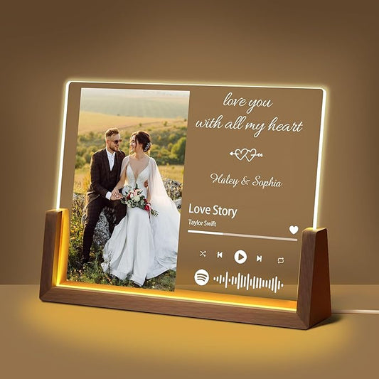 Personalized Valentine's Day Couples Gifts For Him Her Women Men, Custom Acrylic Spotify Plaque Light Up Picture Frame, Customized Anniversary Birthday Wedding Gifts For Husband Wife BF GF