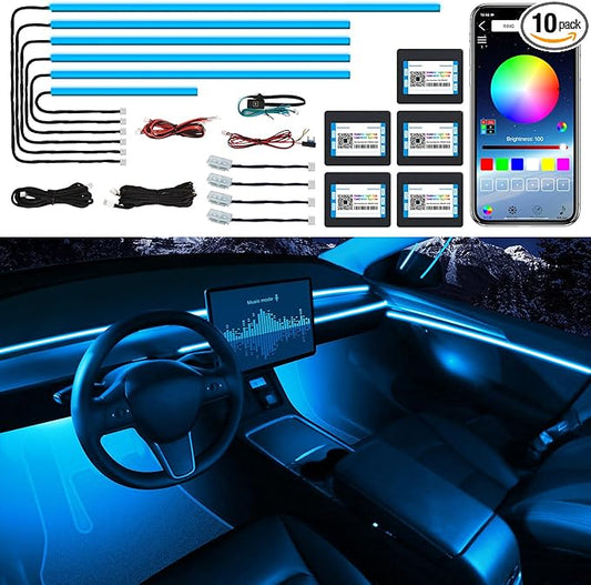 Acrylic Interior Car LED Strip Light with Wireless APP, RGB 10 in 1 with 175 inches 600 LEDs Fiber Optic Car Ambient Lighting Kits, 16 Million Colors Sound Active Function LED Strip for Car