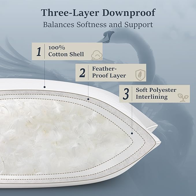 COZSINOOR Goose Feather Pillows Queen Size - Pack of 2, Hotel Down Bed Pillow for Sleeping, Soft 600 TC Cotton Cover, Fluffy Support Surround Fill Dual-Sided Design: Different Firmness on Each Side