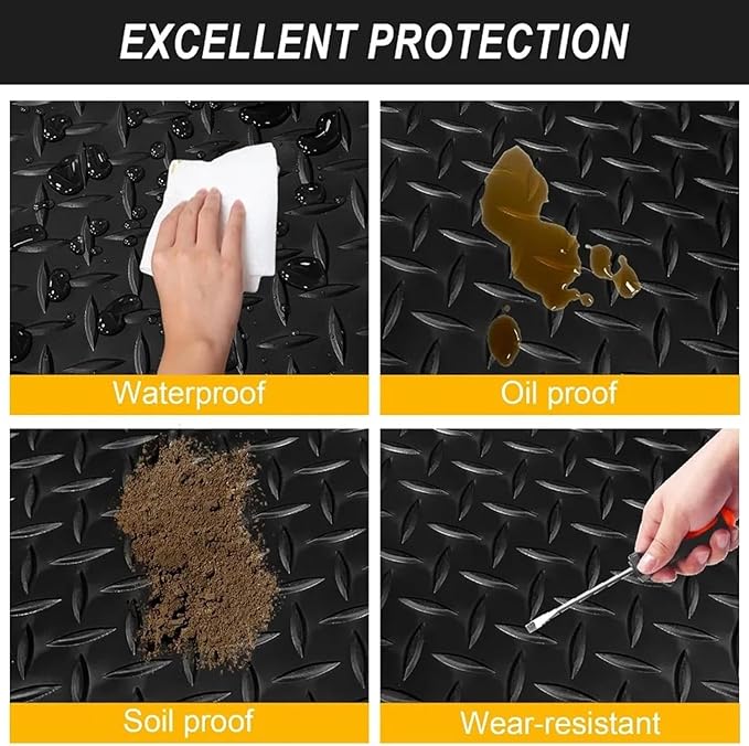3mm Diamond-Plate Rubber Flooring Roll - Easy to Cut Waterproof Anti-Slip Mat, Heavy Duty Floor Protection for Garage, Gym, Stable, Basement, Kennel, 4' x 14'