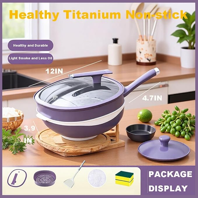 12in Titanium Alloy Non-Stick Pot with Lid with Steamer 2026 Upgrade Titanium Pot Titanium Frying Pans Nonstick Titanium Pots and Pans, Nonstick Frying Pan Cookware Sets