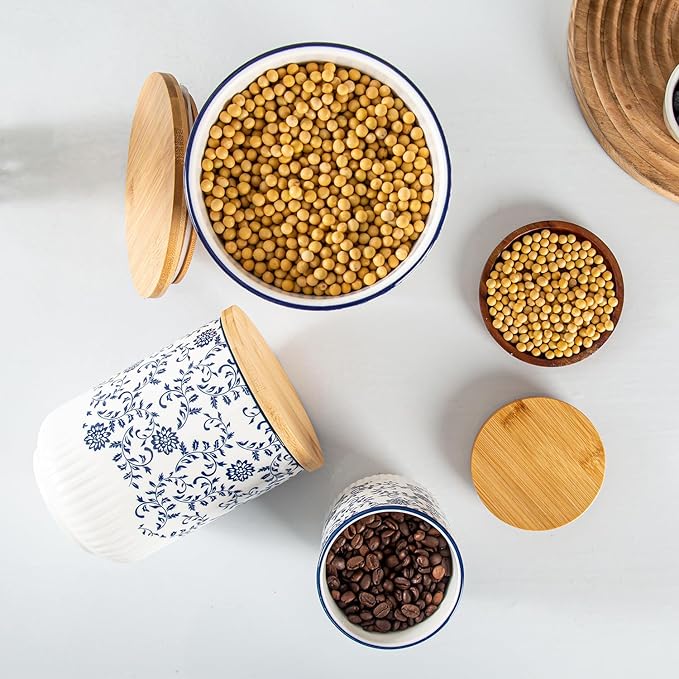 Canisters Sets for Kitchen - Ceramic Kitchen Containers for Countertop with Airtight Wood Lids - Flour and Sugar Containers for Coffee Tea Spice Beans Cookie Jars - Blue Set of 3