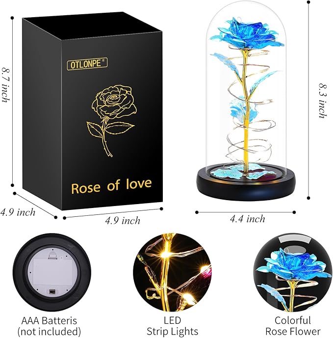Otlonpe Preserved Forever Mothers Day Flower Gifts for Mom, Glass Light Up Rose Gifts for Women Grandma Girlfriend Wife Sister Her, Valentines Mothers Day Christmas Birthday Womens Gift (Blue)