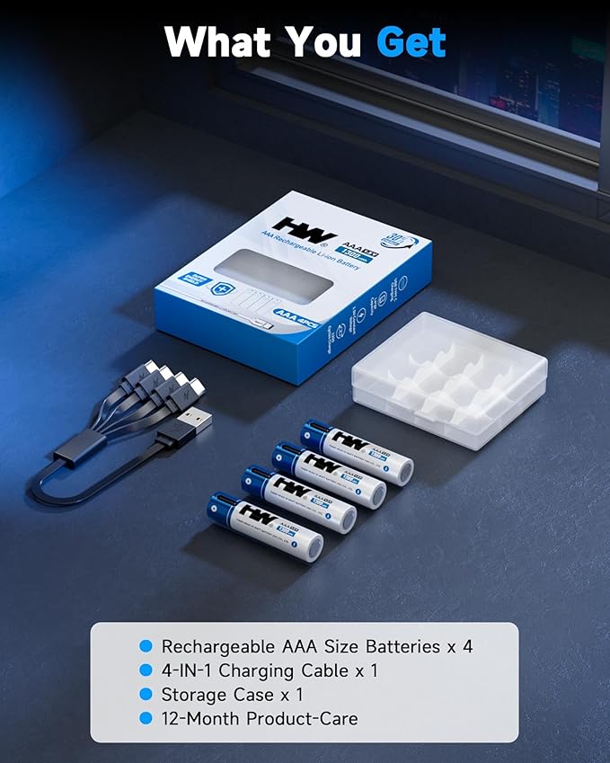 HW USB Rechargeable AAA Batteries, [1.5V, 4-Pack] 1300mWh Lithium Battery with Type C Cable, 1000+ Cycles Triple A Batteries for Remote Controls, Wireless Mouse, LED Flashlights, Electronic Toys, etc.