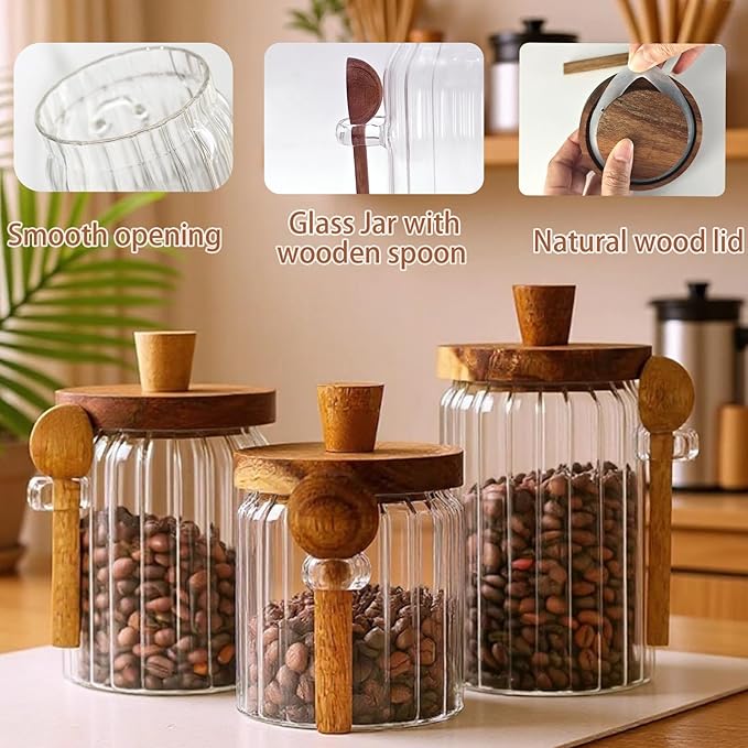 Coriario 30 OZ Glass Jar with Airtight Lid Spoon Ribbed Glass Storage Jars Wooden Lids Wide Mouth Glass Coffee Canister for Food Kitchen Candy Sugar Cookie Tea Decorative