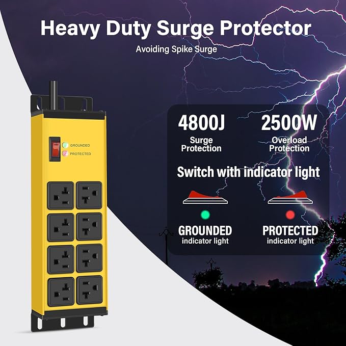 CCCEI Heavy Duty Power Strip Surge Protector 20 AMP Switch, 12 Gauge Extension Cord with Multiple Outlets, Industrial, Shop, Garage High Amp Wall Mount Electric Extender. 6FT, Yellow.