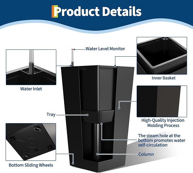 Garvee 30" Tall Planters Set of 2, Outdoor＆Indoor Black Planter Pots, High Front Porch Planter Pots with Drainage Holes＆Water Level Monitor＆Inner Bucket,Black