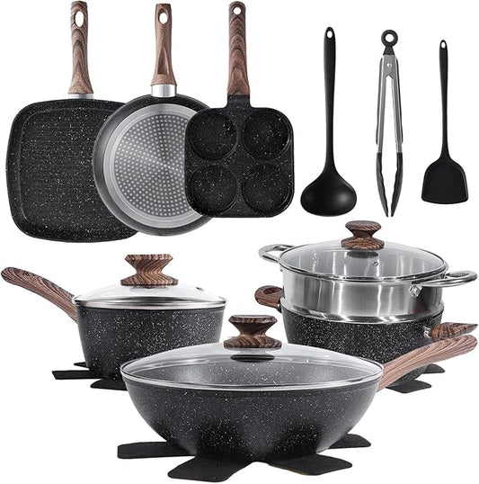 NEWBULIG 17-Piece Nonstick Cookware Set, Non-Toxic Pots and Pans with Stay-Cool Handles, Induction Compatible Cookware, PFAS & PFOA-Free, Black
