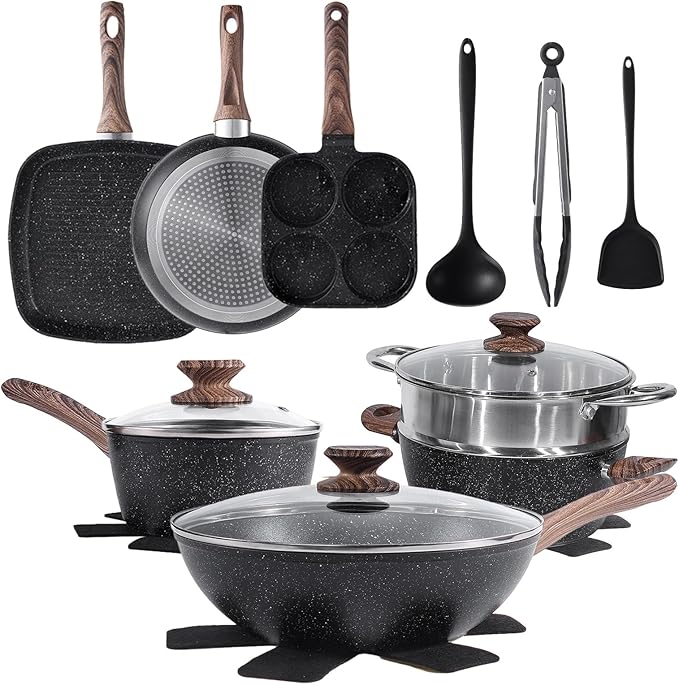 Sweetcrispy 17 Pcs Nonstick Pots and Pans, Induction Kitchen Cooking Set with Stay-Cool Handles, Black