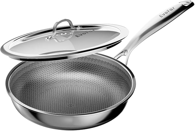 8 Inch Hybrid Nonstick Frying Pan, Stainless Steel Pan Non Stick Skillet, PFOA Free Cookware, Non Toxic Chef's Pan, Compatible with Electric, Gas and Induction, with Lid