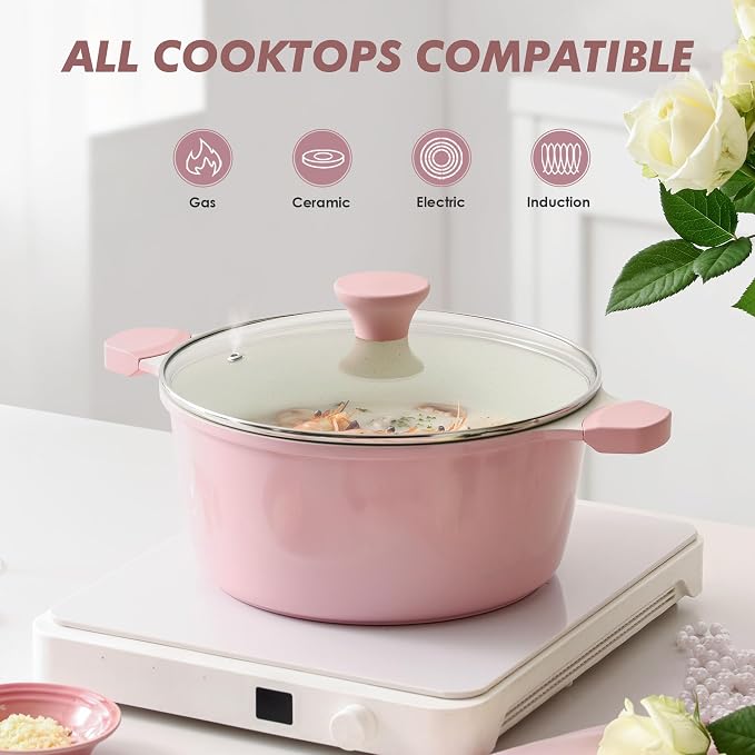 SENSARTE Ceramic Nonstick Stock Pot with Lid, 7 Quart, Pink | Healthy Nontoxic Ceramic Coating, PFAS & PTFE Free, Compatible with All Stoves Including Induction Cooktops, Dishwasher safe.