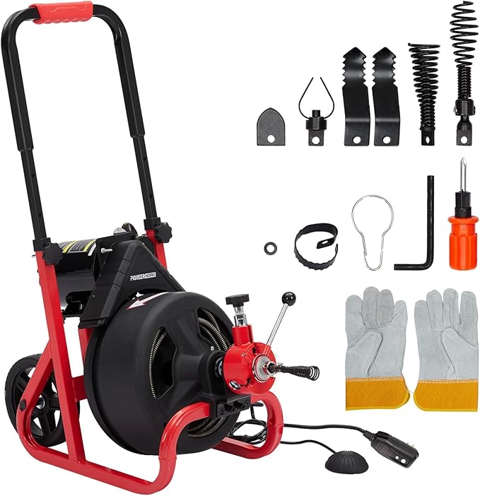 Electric Drain Auger Auto-Feed, 75ft x 1/2" Drain Cleaner Machine with 6 Cutters & Glove, Sewer Snake for 2 to 4 Inch Pipes