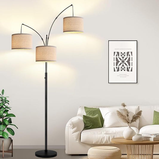 Dimmable Floor Lamp, 3 Lights Black Arc Floor Lamps for Living Room, Modern Tall Standing Tree Lamp with Linen Shade & Heavy Base, Large Floor Lamp for Bedroom Office, 3x1000 LM LED Bulbs Included
