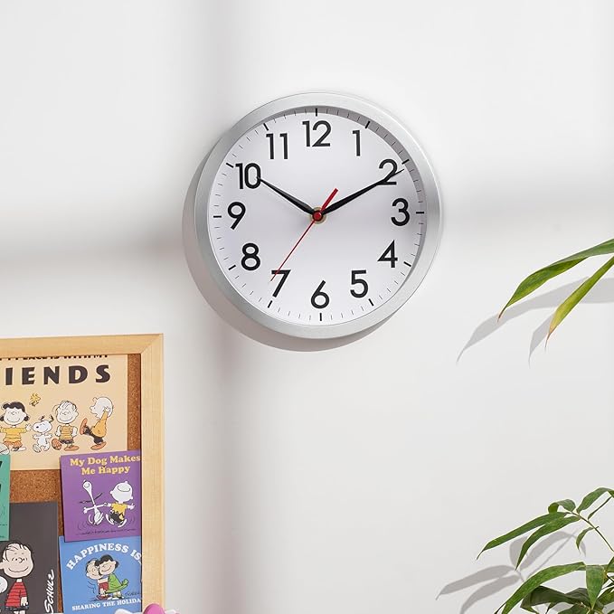 AKCISOT 8 Inch Wall Clock, Battery Operated Analog Clock, Silent Non-Ticking, Ideal for Bedroom, Bathroom, Kitchen, Office and School, Silver