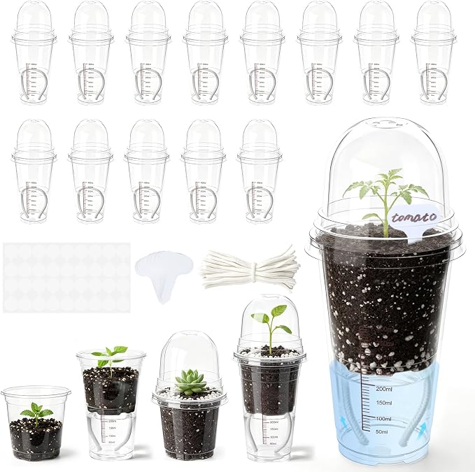 30 Pack 4" Self Watering Propagation Pots, Seed Starter Cups with Dome | Large Dual-Layer Clear Pots, Vent Dome, Self-Watering Reservoir, For Cuttings & Seedlings, 30 Plant Labels Included