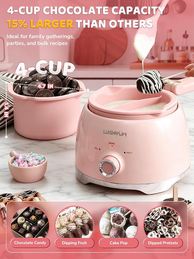 Electric Chocolate Melting Pot with 2 Insert Pots, 4-Cup Chocolate | Even Heating & Fast Melting, BPA-Free Silicone, Easy Clean, Less Waste, Ideal for Chocolate & Candy Melts, Parties & Fondue
