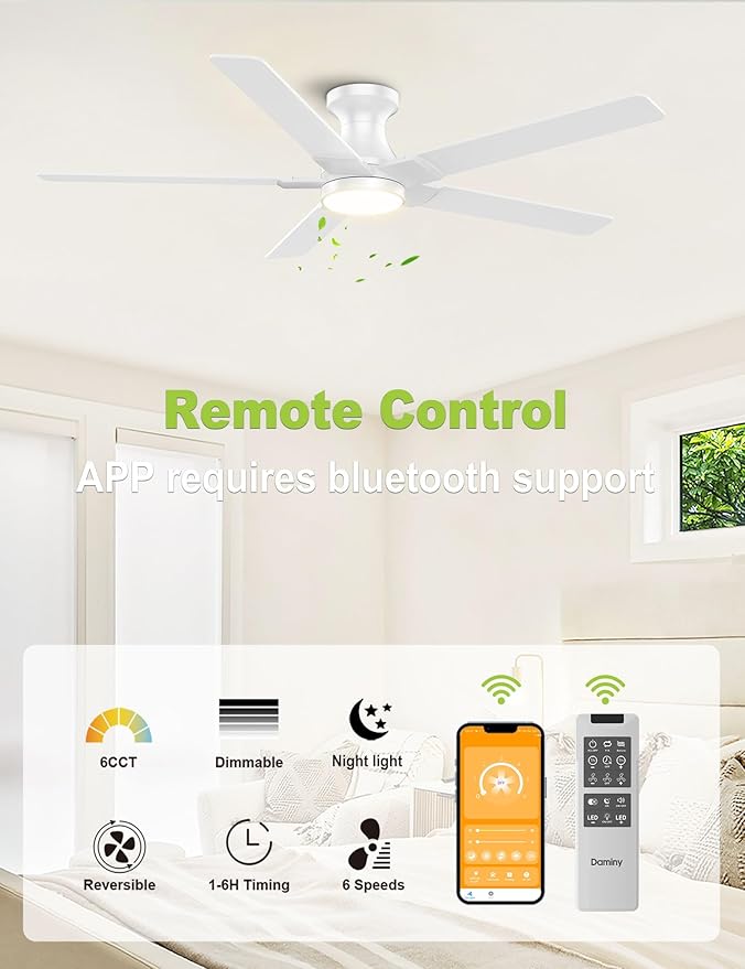 DAMINY 52 inch White Ceiling Fans with Lights,5 Blades,6CCT, Low Profile,Remote Control,for Bedroom, Kitchen,Living Room,Indoor/Outdoor Use,Flush Mount