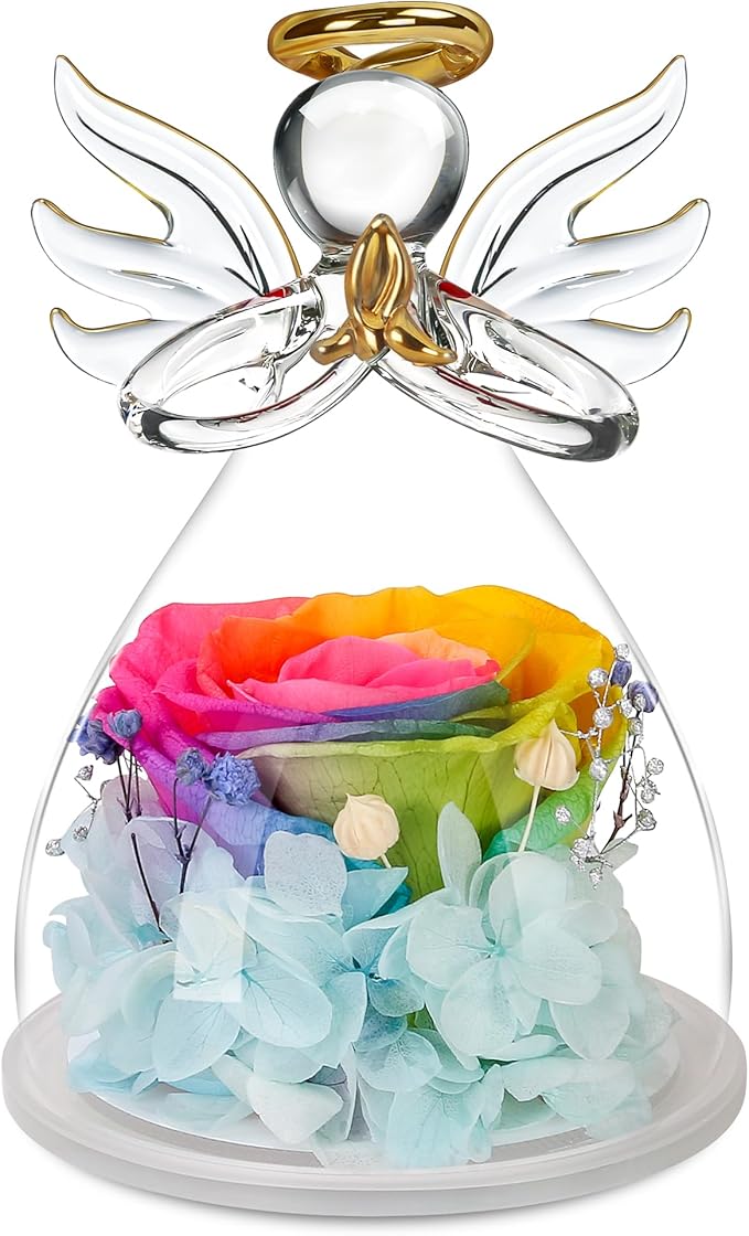 Mothers Day Mom Gifts for Mom,Fresh Flowers for Delivery,Birthday Gifts for Women Her,Preserved Flowers in Angel Figurines,Angel Gifts for Moms Mothers Day Grandma Wife Sister Valentines,Rainbow
