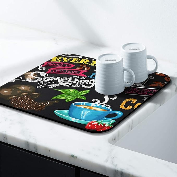 Coffee Bar Mat Accessories for Countertop Absorbent Hide Stain Rubber Backed Dish Drying Mats for Kitchen Counter Draining Pad Decor Gift(18x16in)