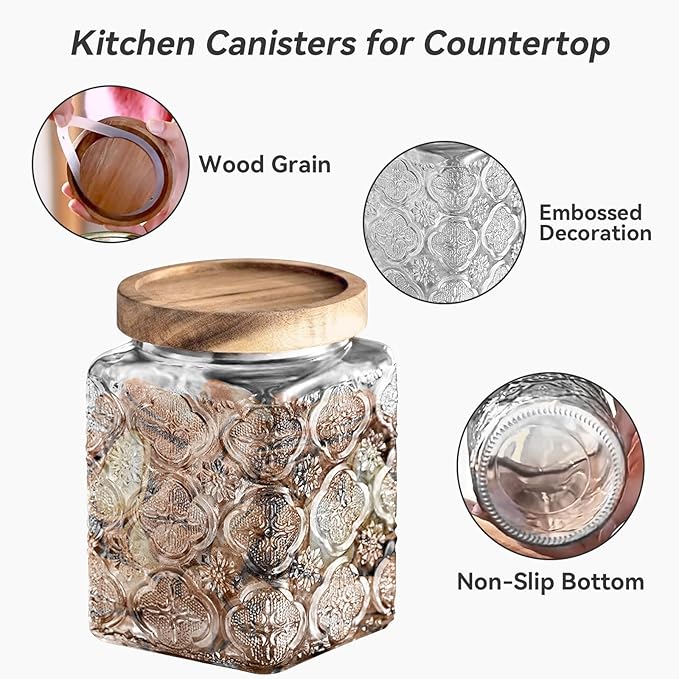 Glass Jar with Lid, Vintage Glass Storage Jars with Airtight Lid Coffee Canister Sugar Container for Kitchen Counter Pantry, Flour, Candy, Tea, Coffee Beans, Oats (Begonia Sunflower Square)