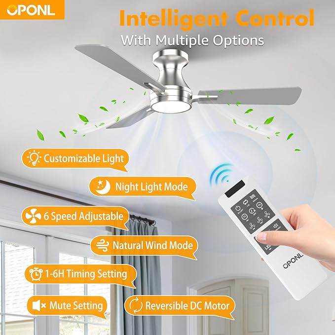 OPONL 42 Inch Nickel Ceiling Fan with Light, Remote Control, Noiseless, Reversible, 6CCT, Dimmable, Timeable, Metal Housing, Flush Mount Ceiling Fans with Lights for Bedroom, Indoor/Outdoor Use