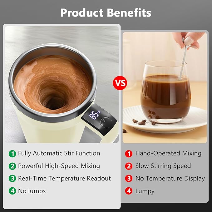 Self Stirring Coffee Mug with Temperature Display, 18 oz Rechargeable Self Stirring Mug with Lid, Automatic Self Stirring Cup with Stainless Steel for Coffee, Milk, Beverages, White