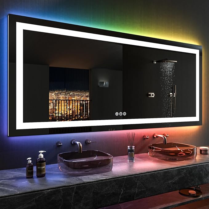 LOAAO 84"X40" RGB LED Bathroom Mirror with Lights, Anti-Fog, Dimmable, Lighted Bathroom Vanity Mirror, Multiple Light Modes, RGB Backlit + Front Light, Memory Function, Tempered Glass, ETL Listed