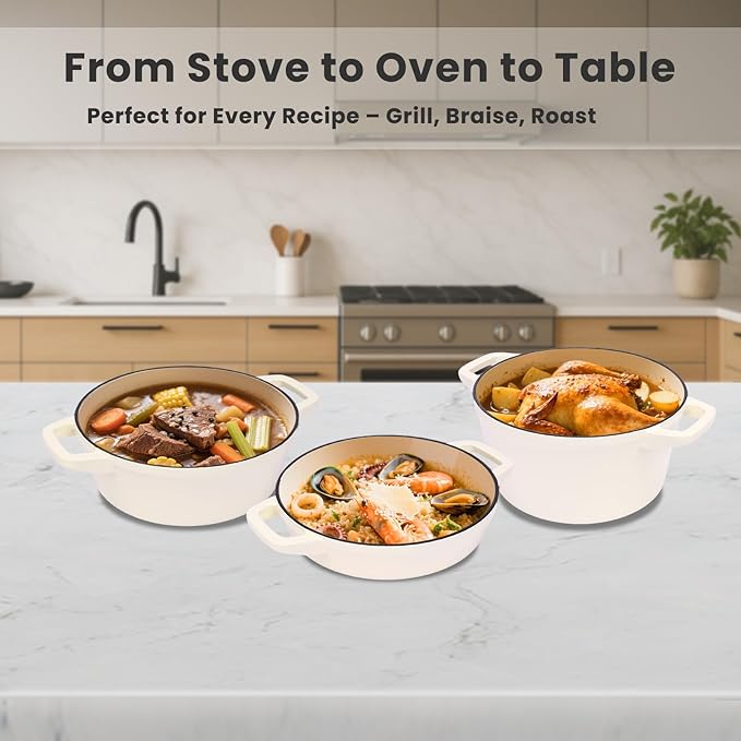 QuliMetal Enameled Cast Iron Set 5-Pc, 10" Stackable Space-Saving Cookware Set, Dutch Oven, Skillet, Grill Pan, with 2 Universal Lid, Versatile Enamel Dutch Oven, Included Spacers, White