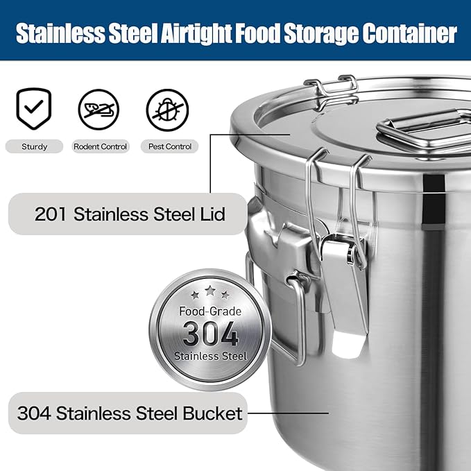 3.17Gal/12L Stainless Steel Airtight Canister, Airtight Food Storage Container with Lid and Lock Clips, 304 Stainless Steel Bucket for Rice, Flour, Grain, Coffee Bean